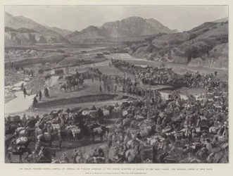 Der Aufstand an der indischen Grenze, Ankunft von General Sir William Lockhart in den Winterquartieren in Barkai im Bara-Tal, das Gepäck kommt aus Datoi